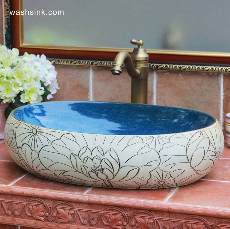 China supplier direct sale cheap price high quality hand carved lotus flower and leaves ceramic bathroom basin