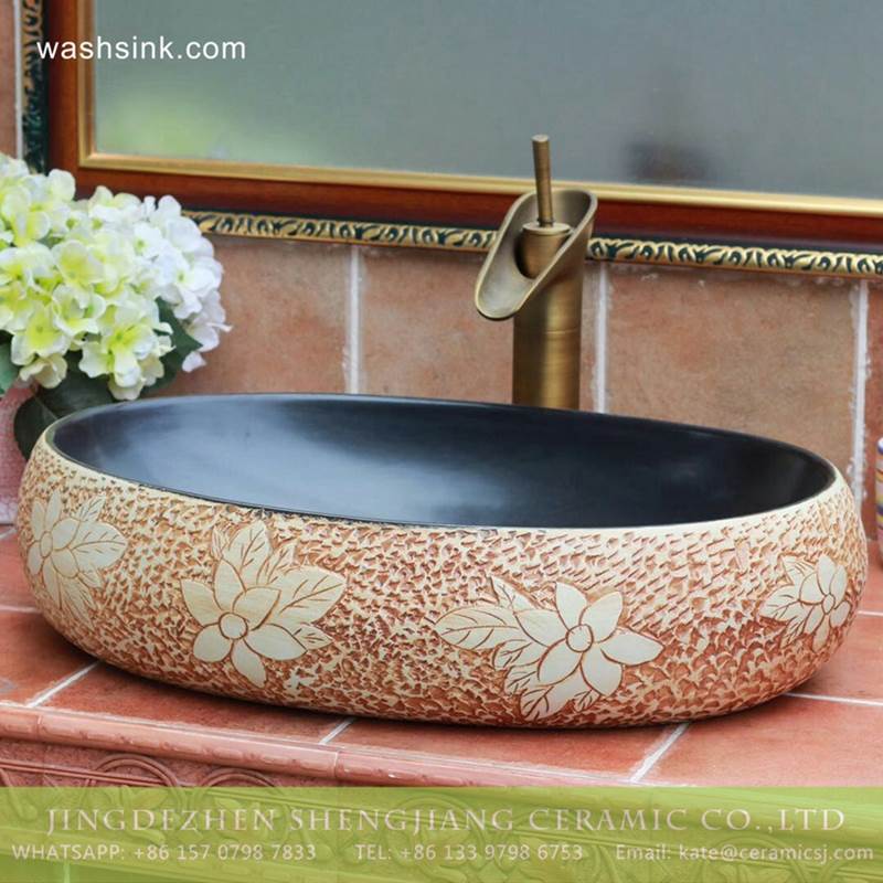 China supplier online sale carved floral pattern matte black glaze easy clean Jingdezhen ceramic kitchen art basin