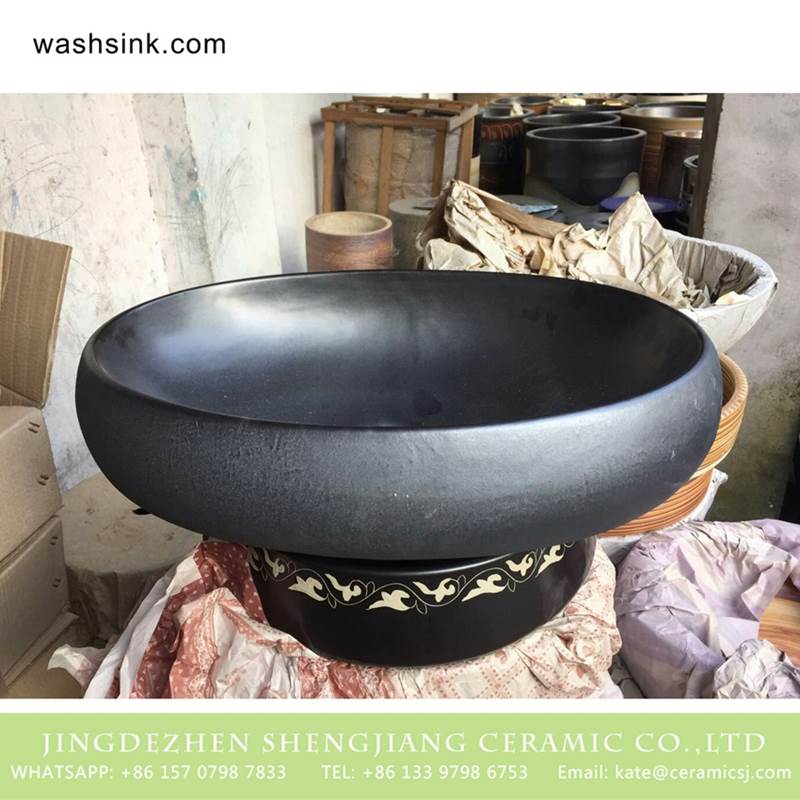 Asian oval matte black plain color porcelain cupboard bath wash basin