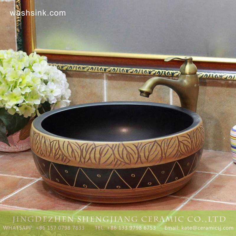 Jingdezhen large bulk sale hand carved leaves round ceramic lavabo