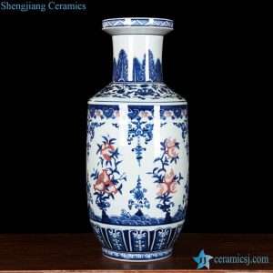 RZLG02 Cobalt blue and under glaze red pomegranate pattern home decor flat ceramic flower vase