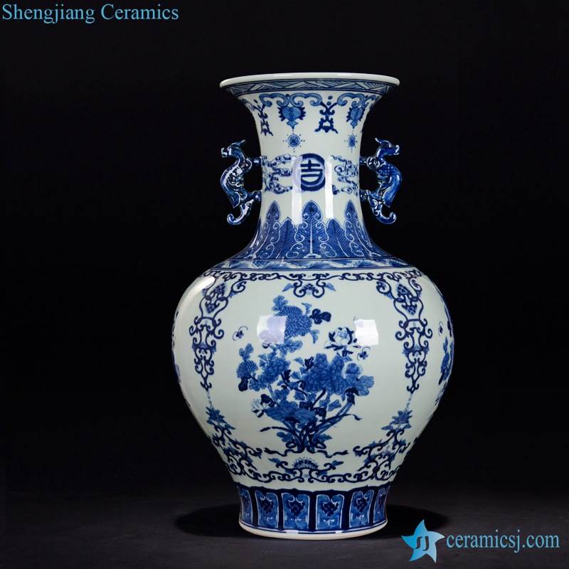 Asian beauty blue and white hand paint floral pattern ceramic vase with dragon handles
