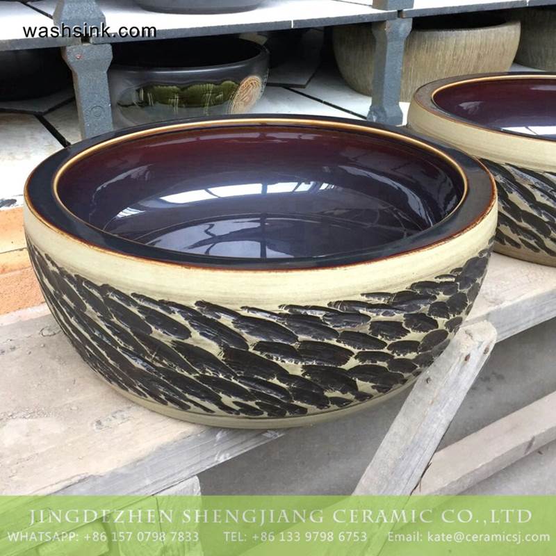 Shengjiang ceramics factory hand carved sauce glaze porcelain portable tiny sink 