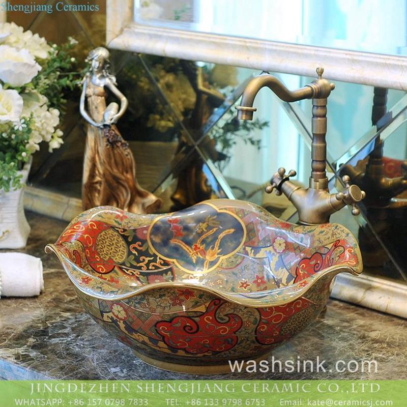  Jiangxi Jingdezhen made golden floral rim luxury floral ceramic wash basin with pitcher