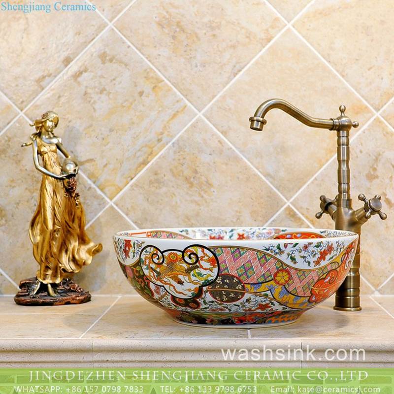 Gorgeous Chinoiserie colorful old style porcelain wash basin 