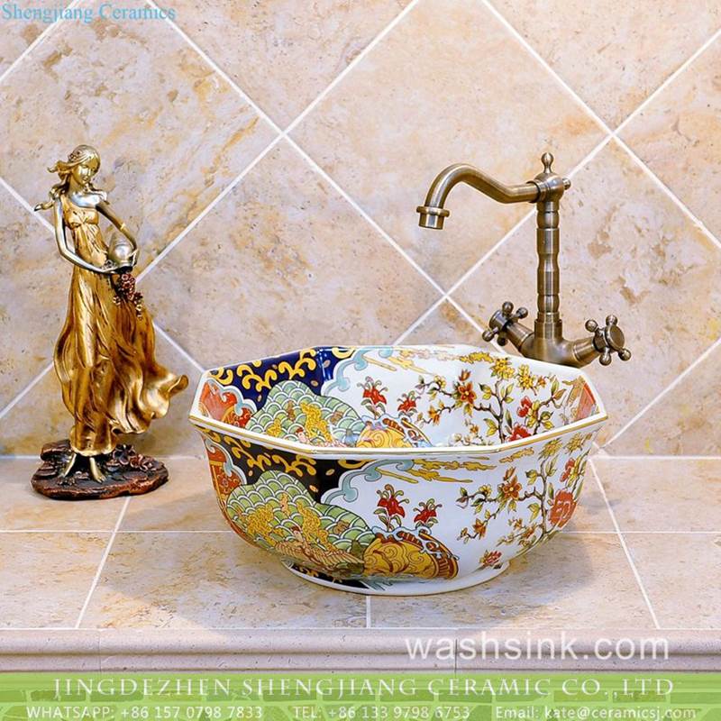 Fashionable Jingdezhen China octagonal hand made floral porcelain batrhoom sanitary ware 