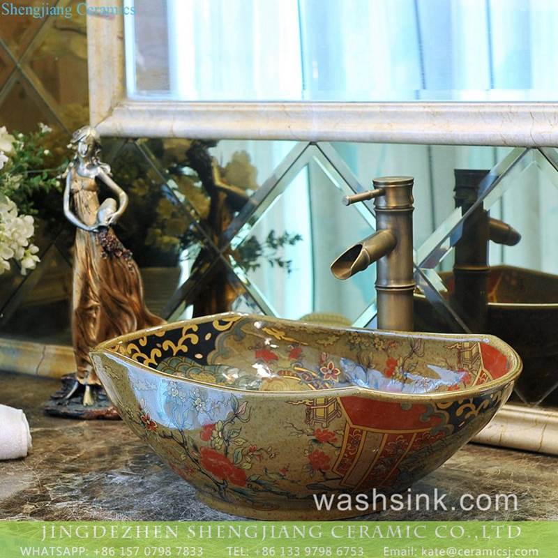 Made in Jingdezhen floral large ceramic vessel sink