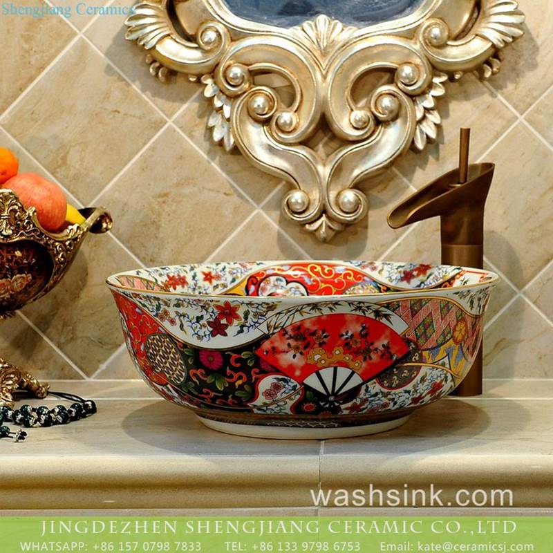 Factory price Jingdezhen hand made floral fan pattern enamel wash basin wholesale 