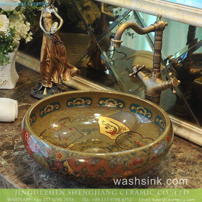 India hot sale golden secret garden pattern China supply ceramic washroom sink 