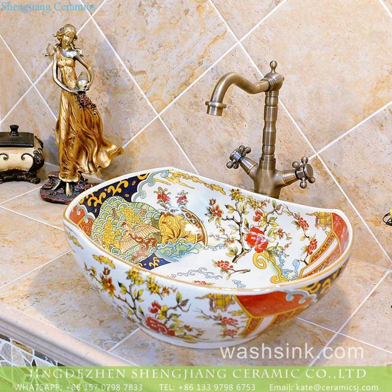 Jingdezhen wholesale price large piece phoenix floral pattern oval counter top porcelain wash basin 