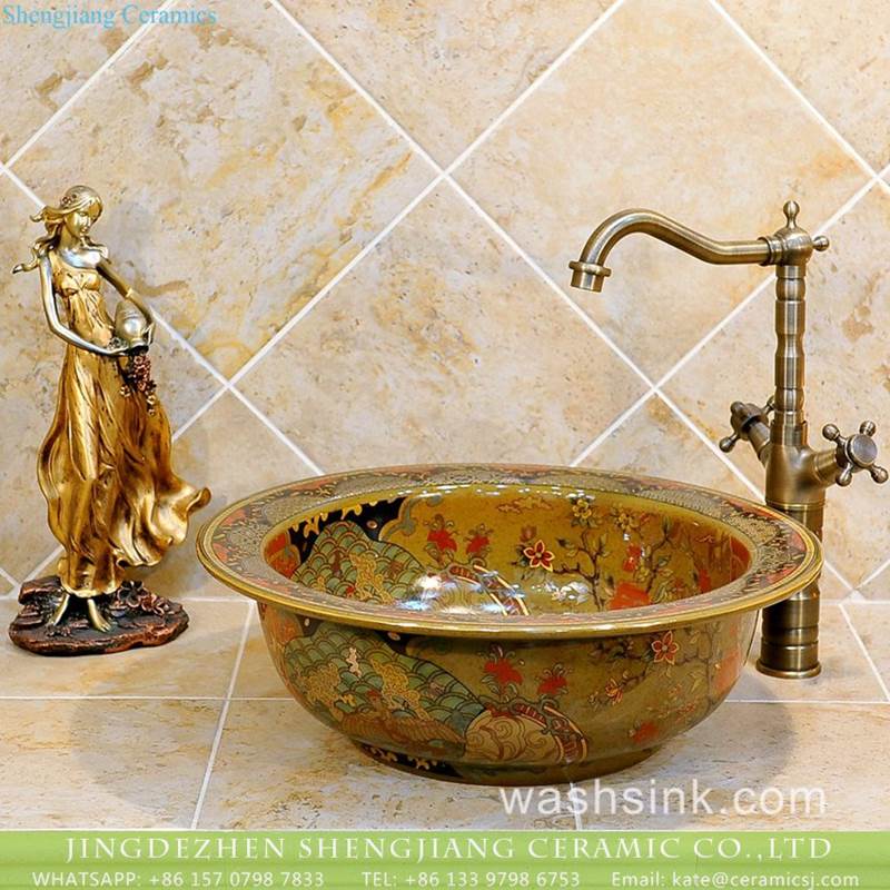 Jingdezhen artistic hand made caramel color floral small corner sink