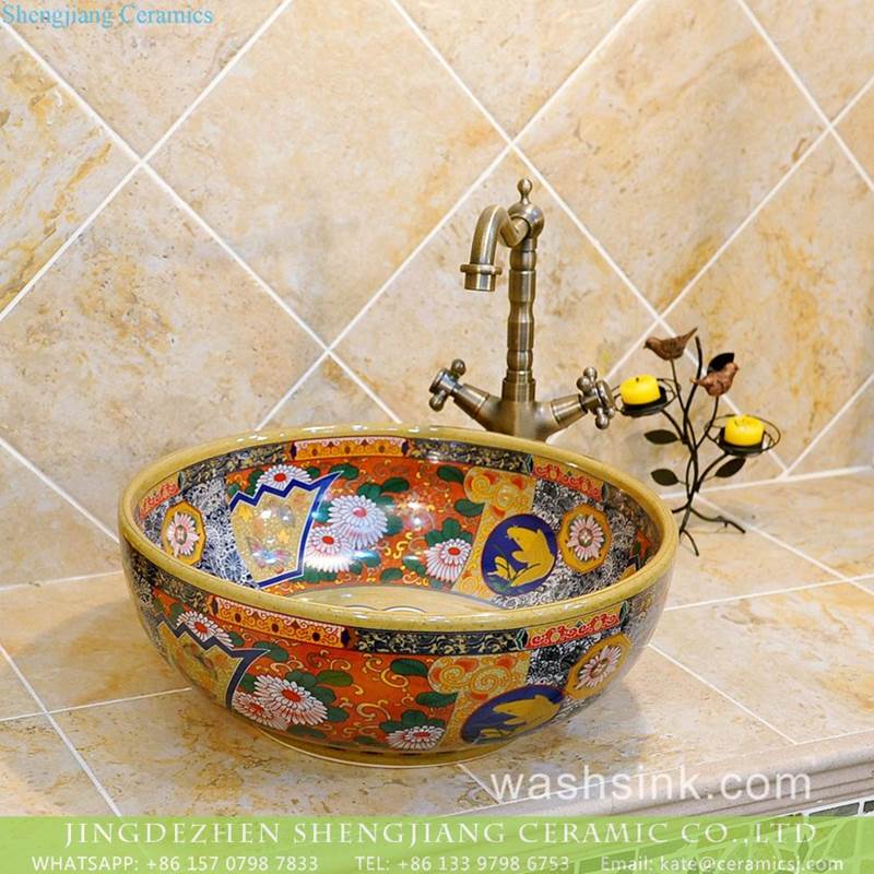 Made in China cozy interior design floral caramel color round shaped porcelain sink 