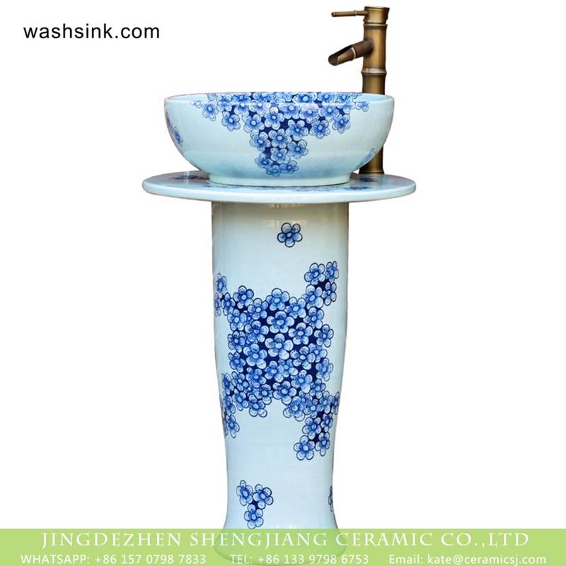  Jingdezhen bathroom sanitary ware blue and white floral porcelain pedestal basin set