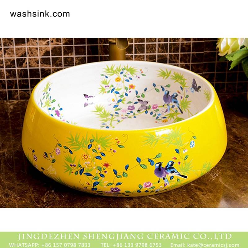 Chinese factory direct art ceramic with light yellow color and  beautiful flowers and birds pattern sink