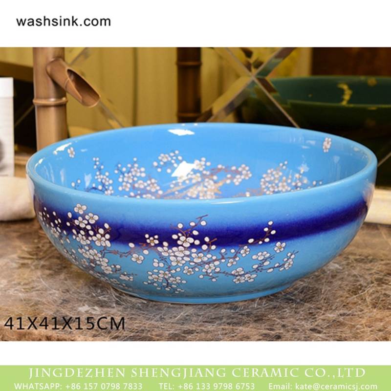 Ceramic capital hot sell sky blue and a little dark blue with wintersweet design sink bowl 