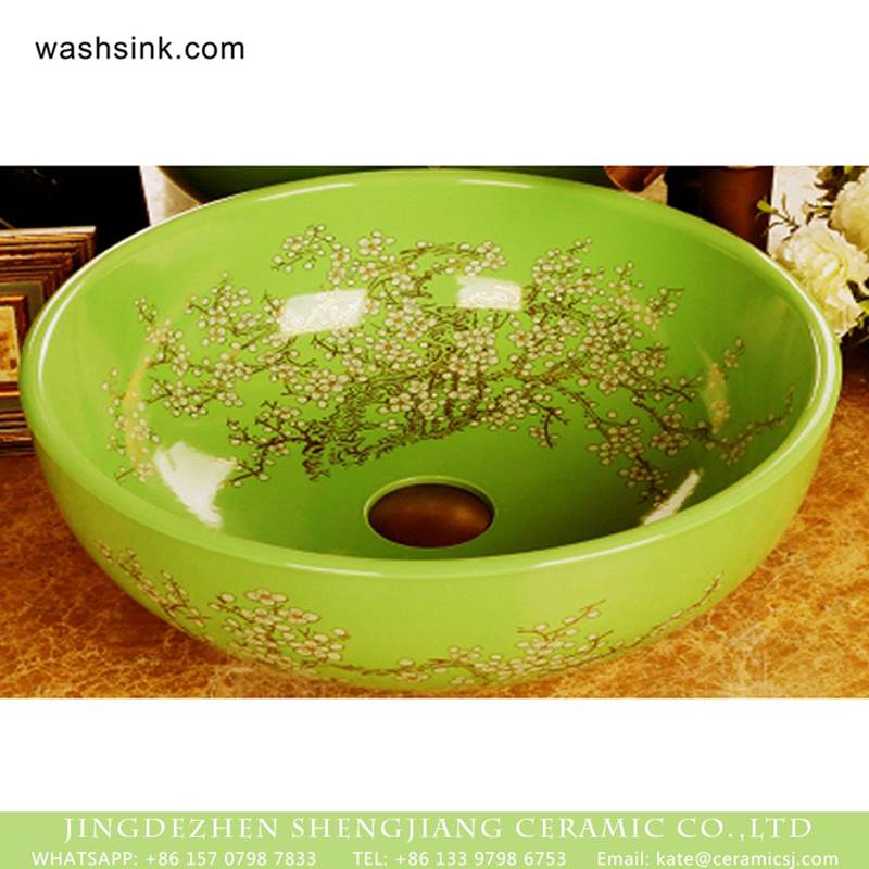 Ceramic made in Jingdezhen elegant single hole ceramic green color and beautiful wintersweet pattern sink bowl 