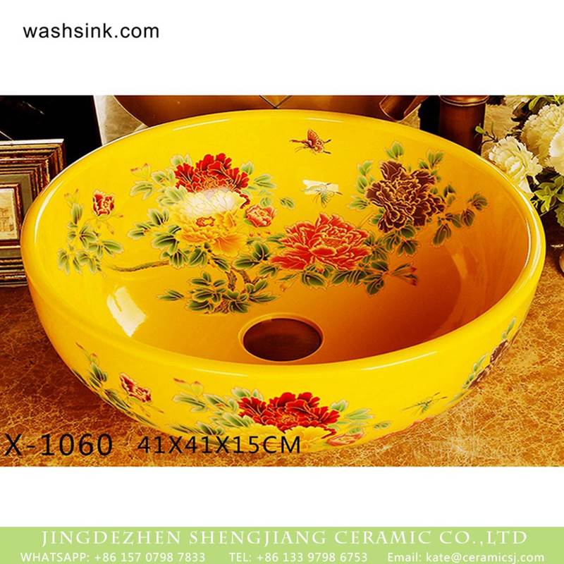 New produced Jingdezhen Jiangxi colorful floral art yellow ceramic sink