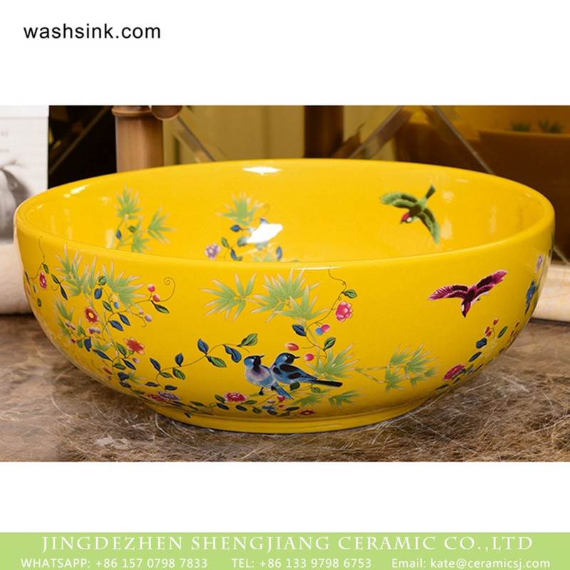 Factory direct wholesale pretty light yellow typical floral device art ceramic sink