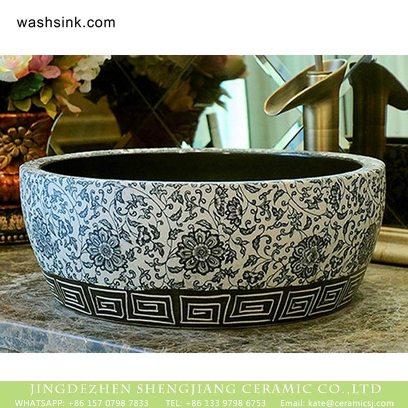  Chinese traditional design black and white color surface with flowers pattern lavabo