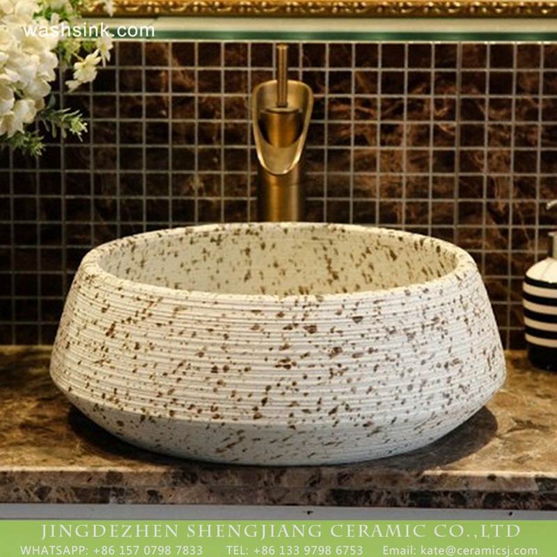 Shengjiang factory porcelain cream white with dark brown spots and carved fine lines by hand sink bowl