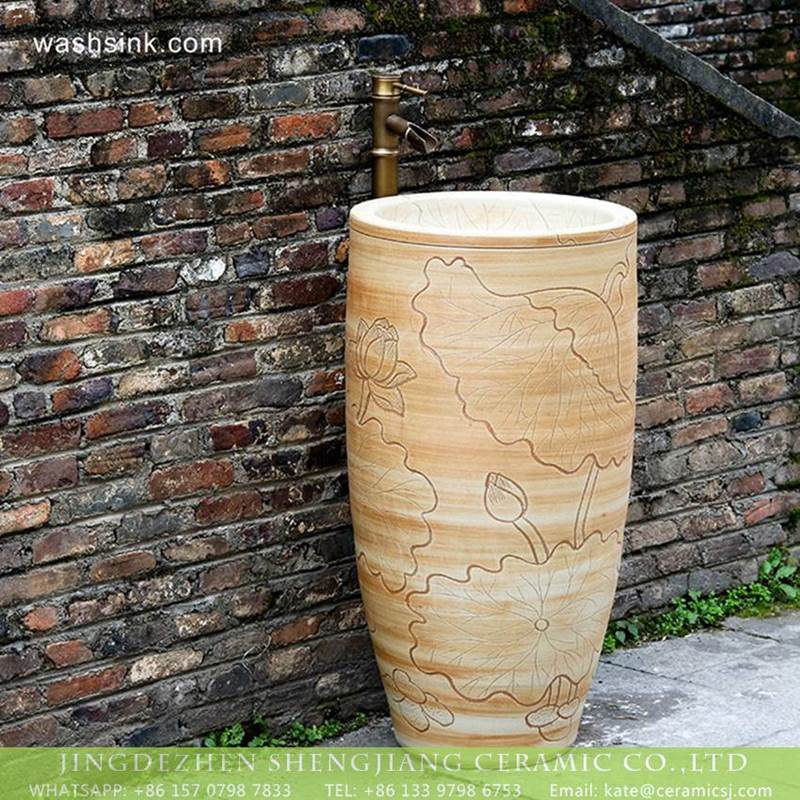 Hot Sales special design art handmade carved imitate wooden ceramic washroom sink bowl
