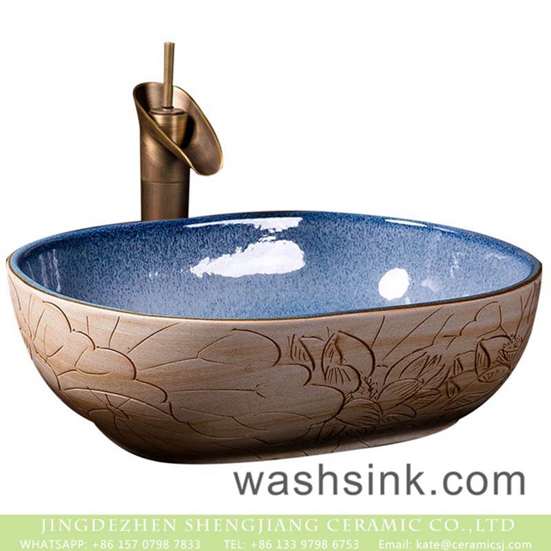Jingdezhen factiry direct art ceramic hand carved pattern on the wood surface wash hand basin