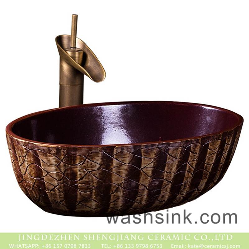 Factory wholesale price deep red color and hand carved lines thin edge oval porcelain art basin
