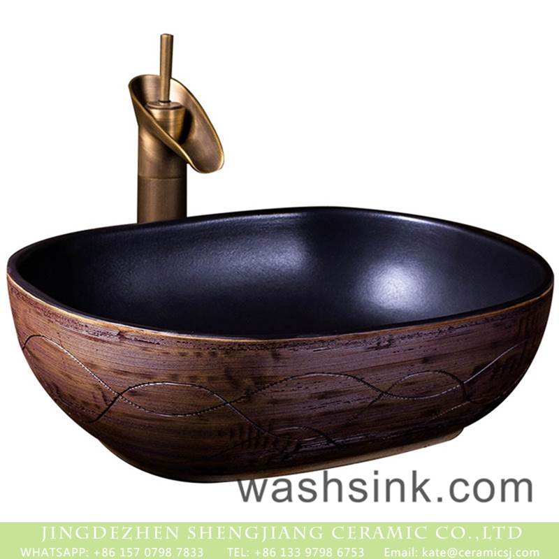 Factory wholesale price high gloss black wall and hand carved lines quadrate ceramic wash sink basin