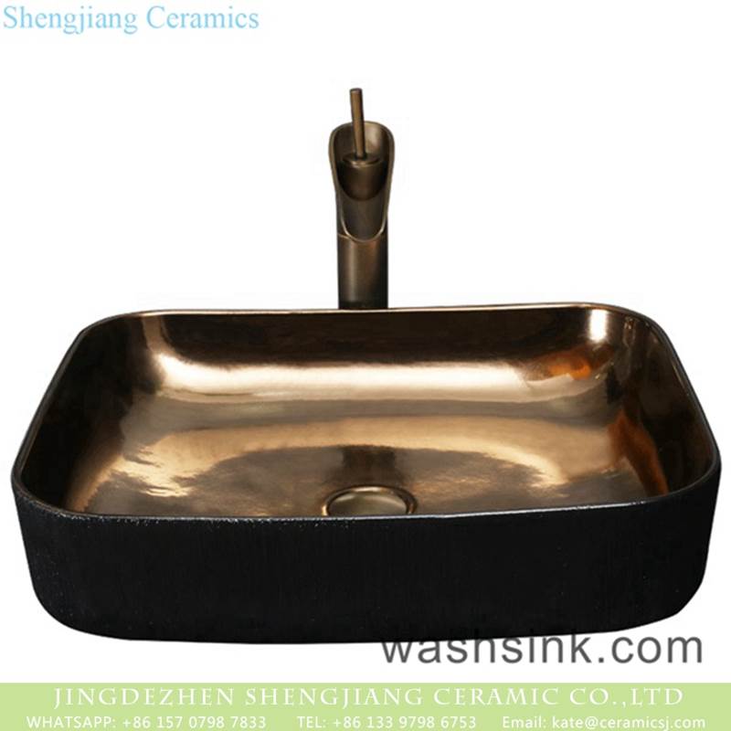 Chinese art countertop elegant single hole black ceramic high gloss square sink bowl
