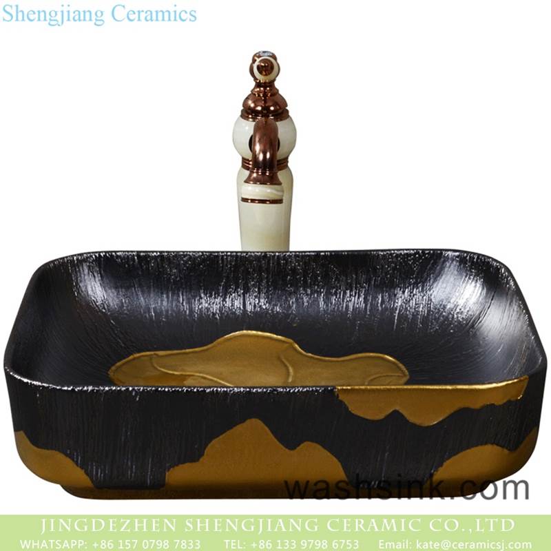  Shengjiang fancy ceramic product black with gold printing quadrate vanity basin