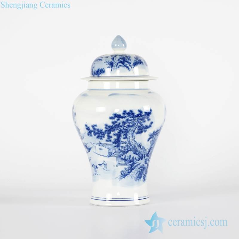 Antiquity style hand painted blue and white countryside life pattern porcelain jar