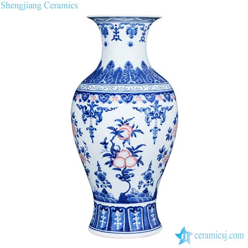 Jingdezhen famous red peach pattern blue and white ceramic art vase