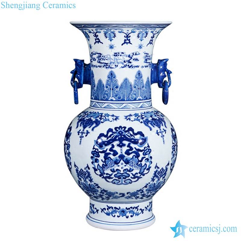 Asian design phoenix tail top blue and white double fishes pattern ring handle ceramic luxury vase