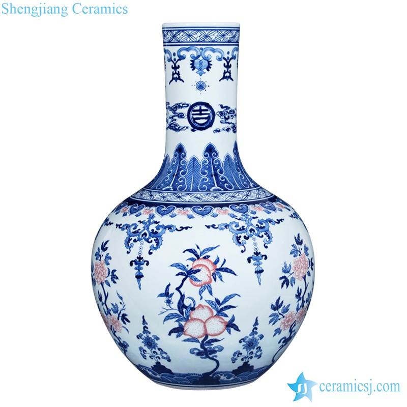 Globular shape blue and white design with copper red peach pattern porcelain home decor vase
