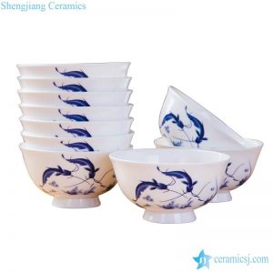RZKX16-4.5cun-A Wholesale the fish pattern blue and white ceramic bowls set of 10