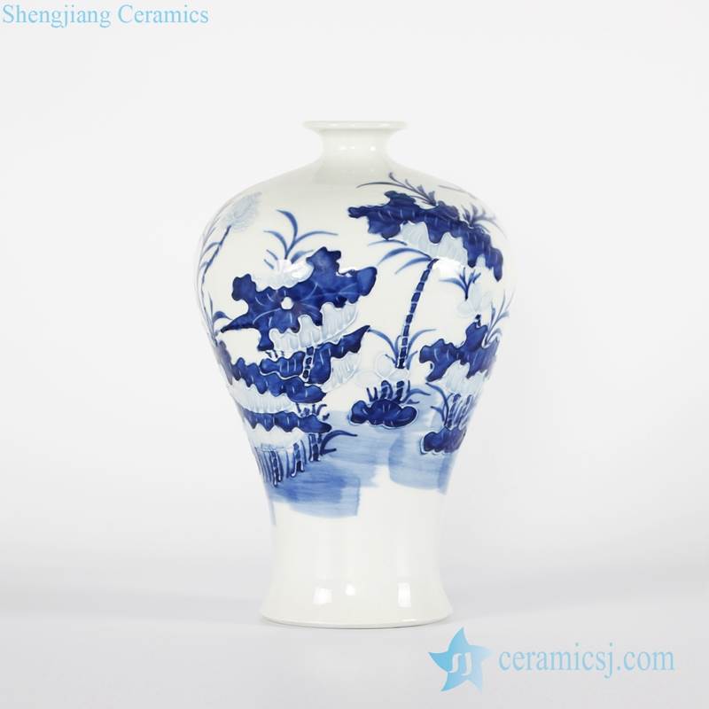 Jingdezhen wholesale price blue and white relief lotus pattern porcelain Meiping vase