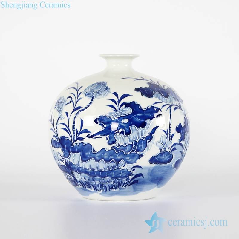 Round ball shape relief lotus pattern cobalt blue porcelain vase for furniture
