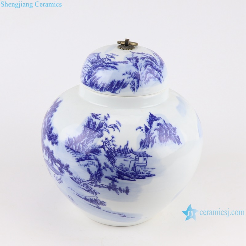 RYCI51-a Blue and white China brush painting Landscape Pattern porcelain jar with metal ring-- side view