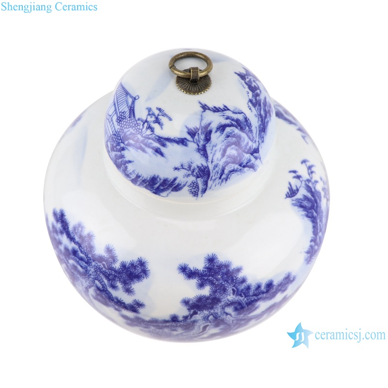 RYCI51-a Blue and white China brush painting Landscape Pattern porcelain jar with metal ring-- vertical view