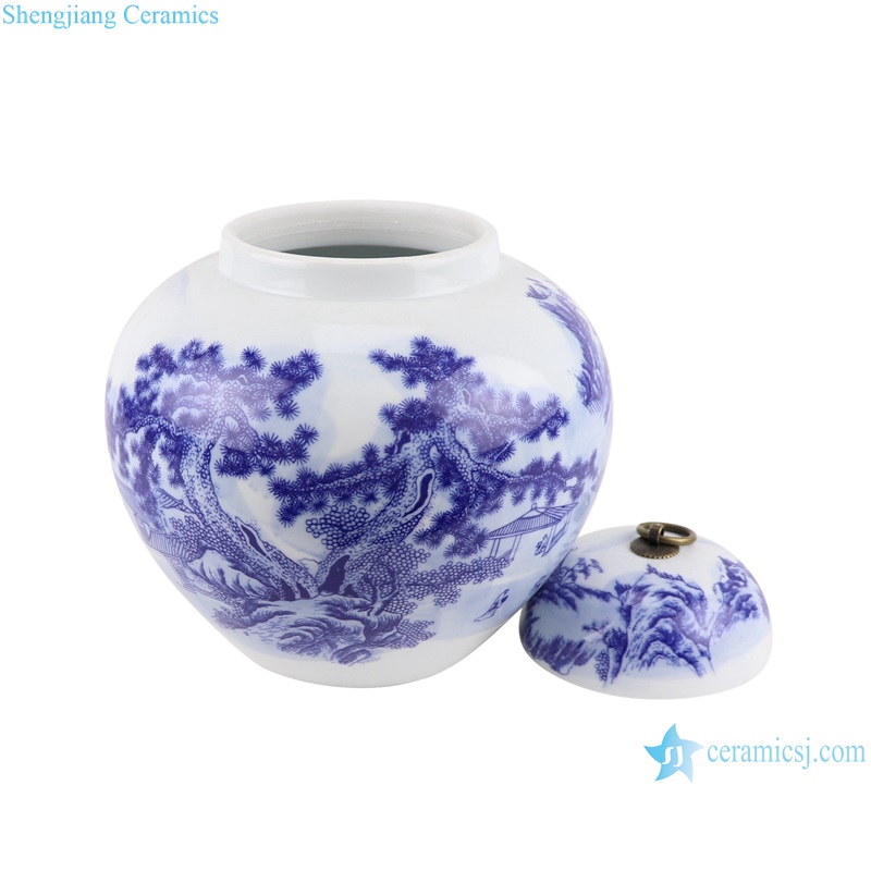 RYCI51-a Blue and white China brush painting Landscape Pattern porcelain jar with metal ring