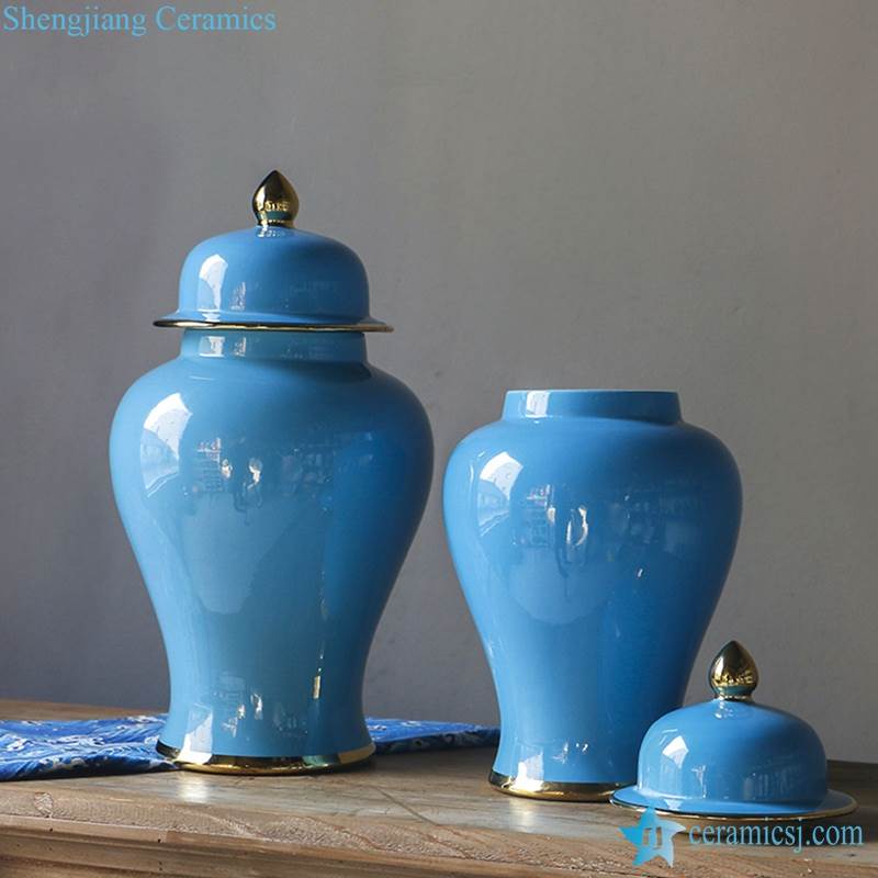 cerulean color gold line set of two home decor ceramic jar