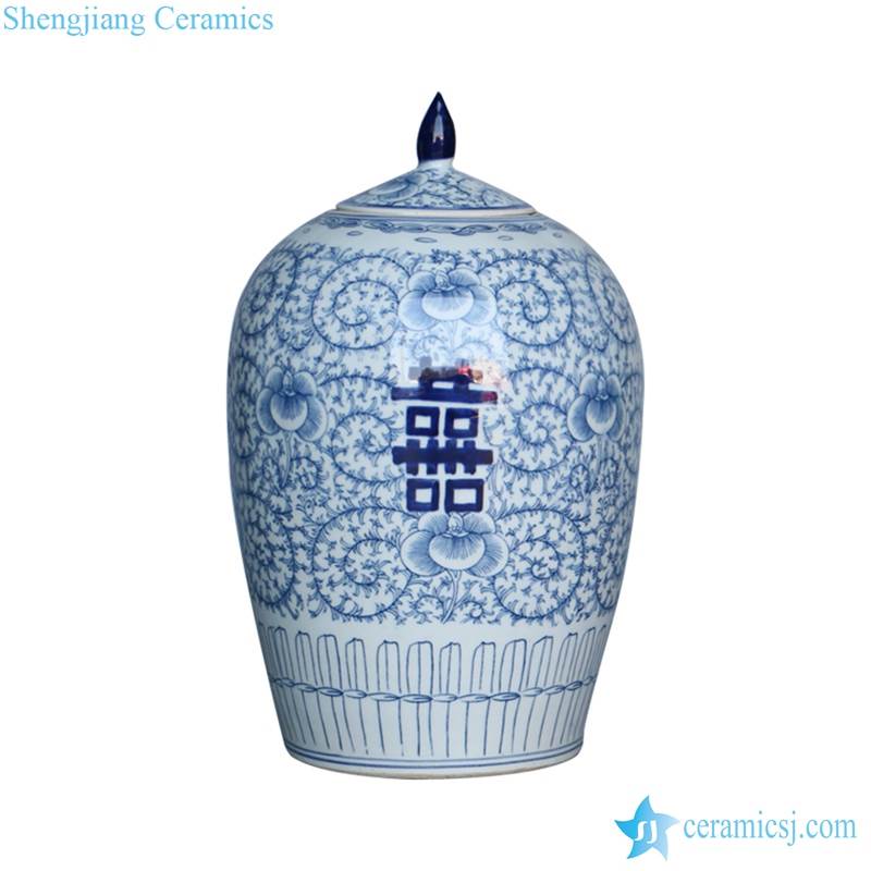 China hand painted style blue and white double happiness words porcelain candle jar