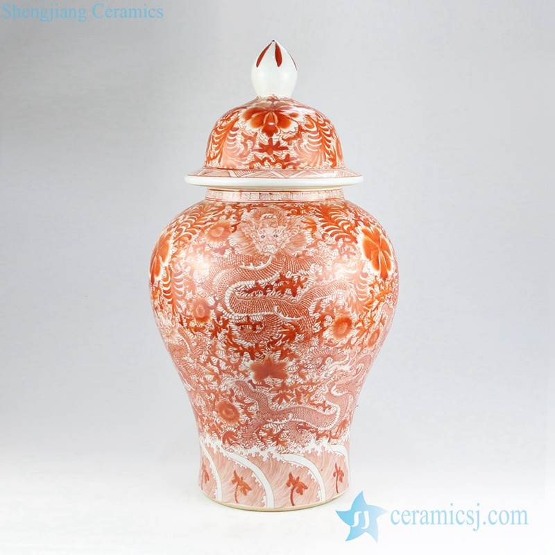 Chinese lord of sea--sea dragon with flower pattern hand draft red color interior design ceramic jar