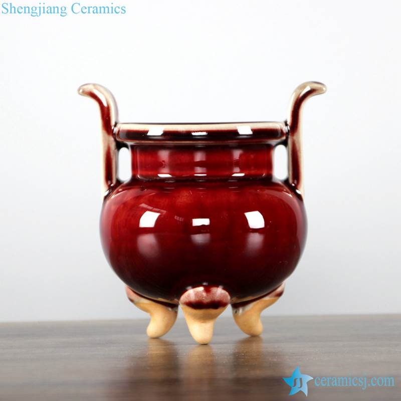 oxblood glaze shiny surface three leg porcelain censer with two ears