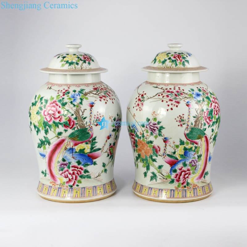 Famille rose colored phoenix floral pair of porcelain jar