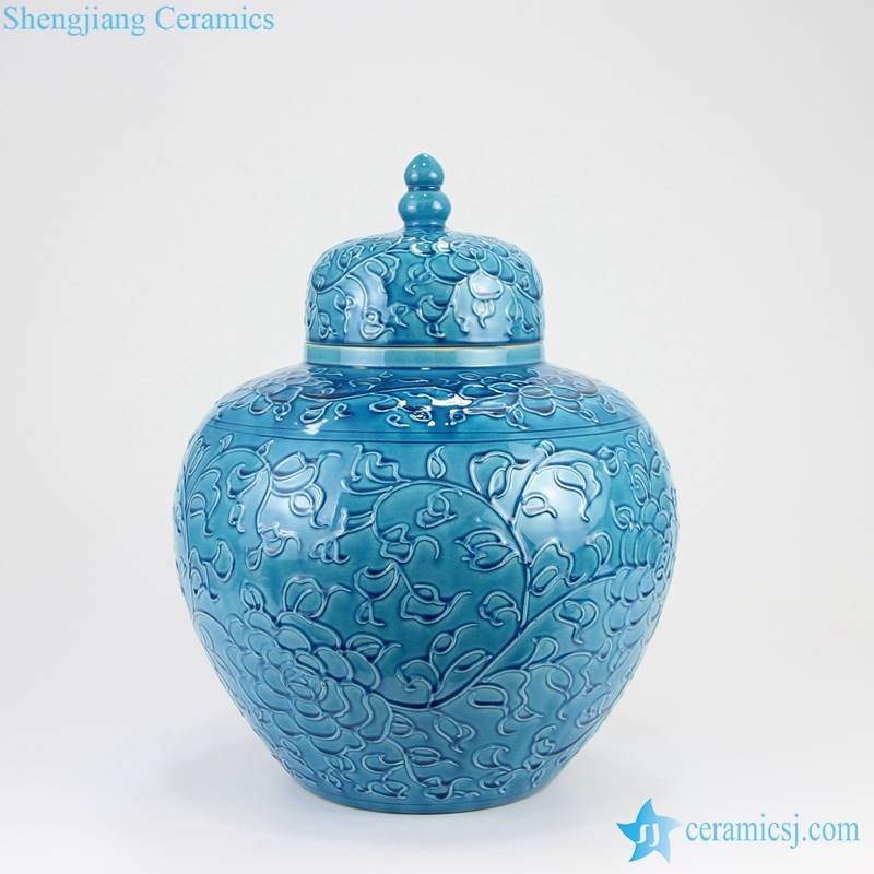 blue hand carved floral jar