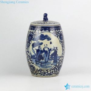 RZHM02 China ancient Gods pattern pure hand drawing blue and white porcelain storage jar with lion lid