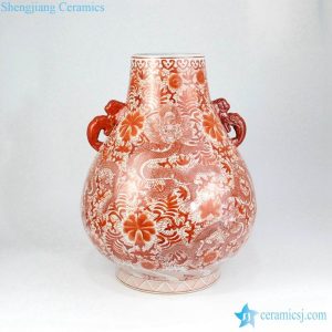 RZIS05 China red pigment hand paint dragon floral large capacity ceramic vase with two dragon handles