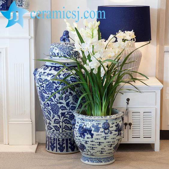 large blue and white jar and pot in corner for sale