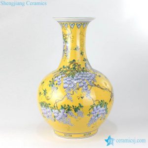 RYRK16-B Yellow background hand painted grape and bird pattern famille rose Qing Dynasty imperial ceramic vase